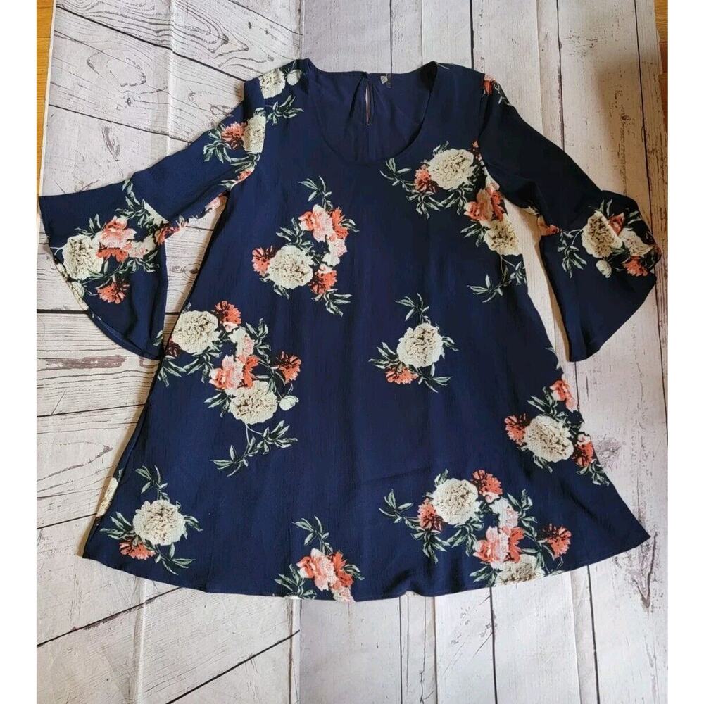 Mittoshop Bell Sleeve Floral Navy Blue Dress Size L